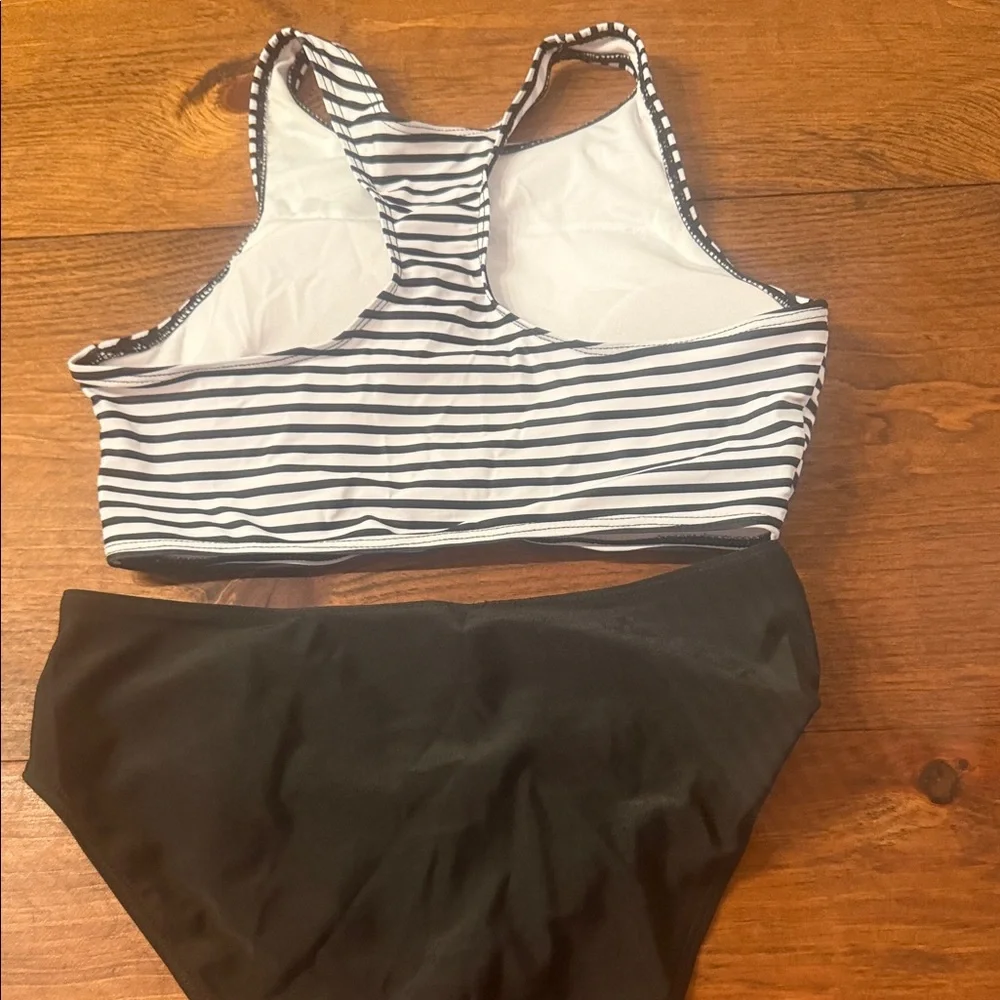 Women’s  Two-Piece Swim Set - Black Bottoms with White & BlackStripe Top - Picture 4 of 8